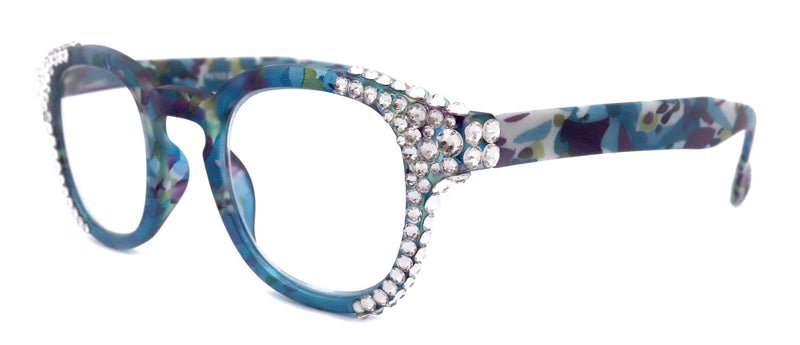 Autumn, (Bling) Reading Glasses For Women Adorned w (Clear) Genuine European Crystals wide Round Frame (Blue, Purple Floral) NY Fifth Avenue
