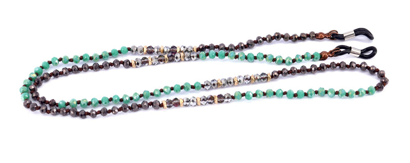 Boho, (Eyeglass chain) Double Hand Knotted (Turquoise, Hemitae, SiIver-color Glass Crystal) (4 mm) w Anti Slip Loops n Brass Fastener.