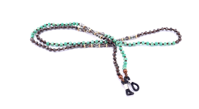Boho, (Eyeglass chain) Double Hand Knotted (Turquoise, Hemitae, SiIver-color Glass Crystal) (4 mm) w Anti Slip Loops n Brass Fastener.