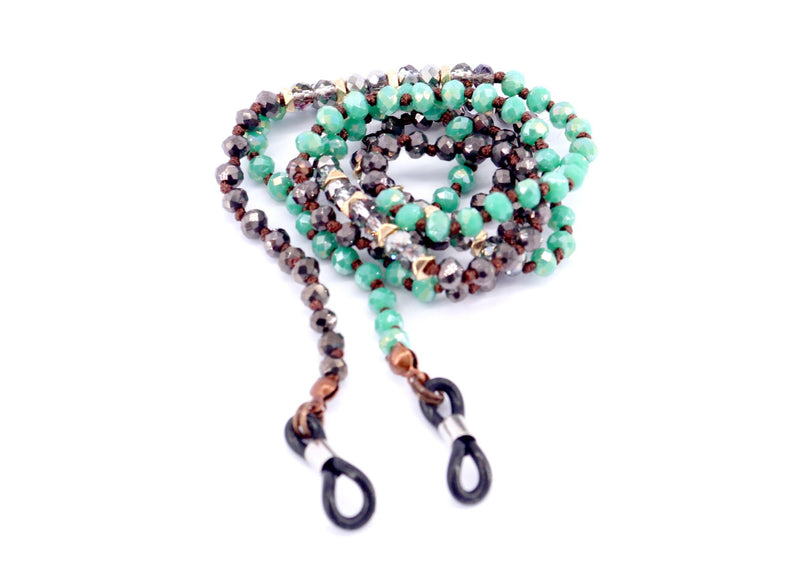Boho, (Eyeglass chain) Double Hand Knotted (Turquoise, Hemitae, SiIver-color Glass Crystal) (4 mm) w Anti Slip Loops n Brass Fastener.