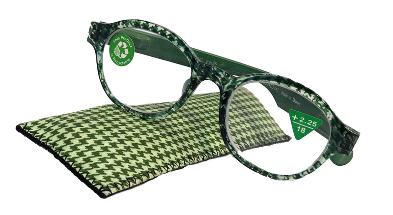 The Alchemist, (Premium) Reading Glasses, High End Readers, Magnifying Eyeglasses, (Green Translucent) (Round) (Houndstooth) NY Fifth Avenue