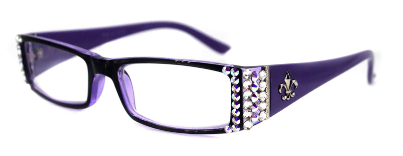 French Fleur De Lis Women's Reading Glasses – Purple Rectangular Frame with European Crystals
