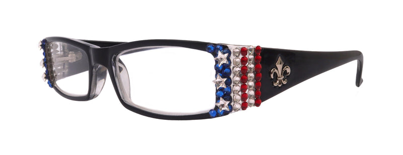 The French, (Bling) (Fleur De Lis) Women Reading Glasses W Patriotic Red, White n Blue USA Flag Crystals NY Fifth Avenue