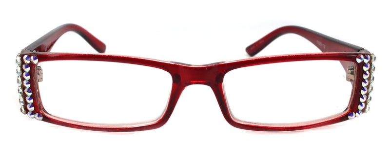 French Fleur De Lis Women's Reading Glasses – Red Rectangular Frame with Aurora Borealis & Clear Crystals