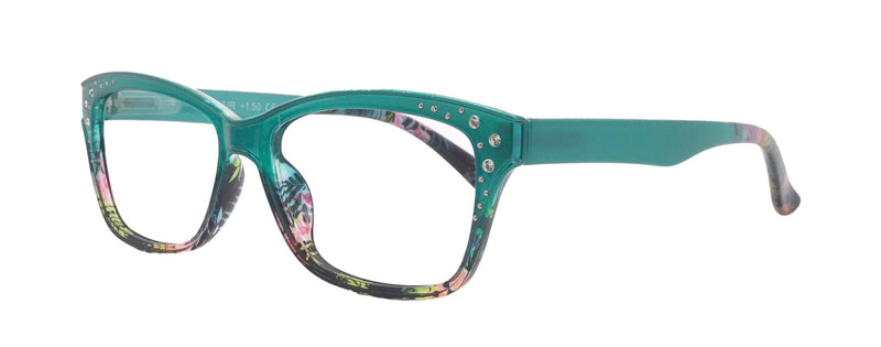 Miriam (Premium) Reading Glasses, High End Readers, Magnifying Glasses (Square) Women Rhinestone bling (Teal Blue) NY Fifth Avenue