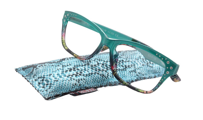 Miriam (Premium) Reading Glasses, High End Readers, Magnifying Glasses (Square) Women Rhinestone bling (Teal Blue) NY Fifth Avenue