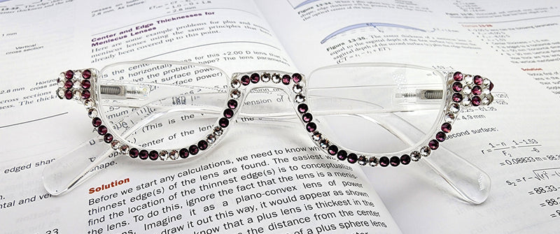 Half Moon Women's Reading Glasses – Translucent Frame with Clear & Amethyst Crystals