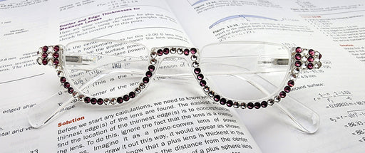 Half Moon Women's Reading Glasses – Translucent Frame with Clear & Amethyst Crystals