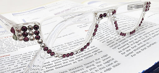 Half Moon Women's Reading Glasses – Translucent Frame with Clear & Amethyst Crystals