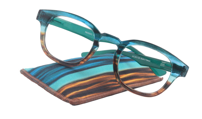Sorbet Premium Reading Glasses High End Readers +1.25 .. +3.00 (Blue, Brown Transparent) Round Optical Frames. NY Fifth Avenue.
