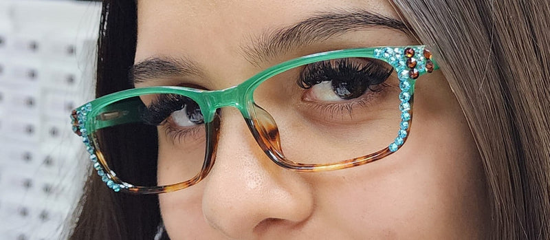 Desiree, (Bling) Women Reading Glasses W (Aquamarine, Cooper) Genuine European Crystals. +1.5 ..+6 Square. High Strength. NY Fifth Avenue