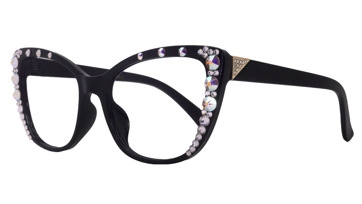 Parisian Bifocal OR Non-Bifocal Black Reading Glasses with Clear AB European crystals Cat-Eye Chic, Inspired by NY Fifth Avenue