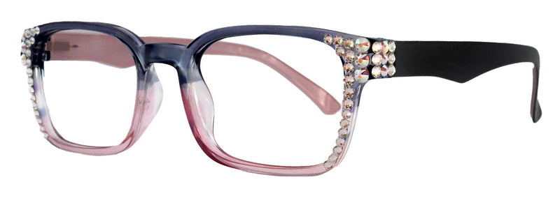 Leo, Bling (Blue Light Glasses) w Clear N AB European Crystals, Premium Blue Ray Blocking, Amber Lens, Square (Blue, Pink)