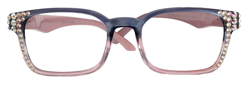 Leo, Bling (Blue Light Glasses) w Clear N AB European Crystals, Premium Blue Ray Blocking, Amber Lens, Square (Blue, Pink)