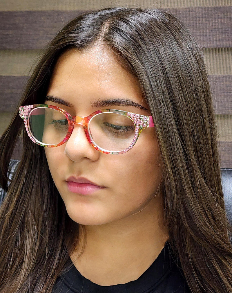 Versailles, (Bling) Reading Glasses 4 women W (Rose, Black Diamond) Genuine European Crystals (Pink, Green, Clear) Round. NY Fifth Avenue