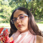 Leo, Bling (Blue Light Glasses) w Clear N AB European Crystals, Premium Blue Ray Blocking, Amber Lens, Square (Blue, Pink)