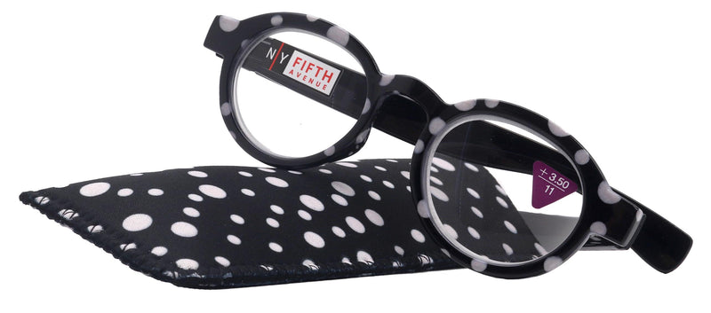 Dotty Chic, Round Reading Glasses for Women (Black) frames with playful polka-dot pattern: +1.25 +3 NY Fifth Avenue