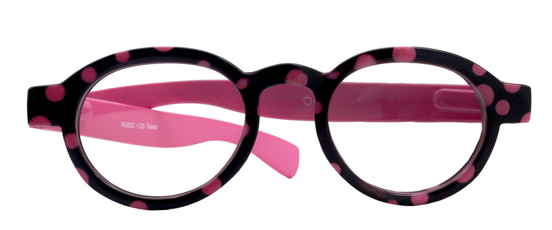 Dotty Chic, Round Reading Glasses for Women (Pink) frames with playful polka-dot pattern: +1.25 +3 NY Fifth Avenue