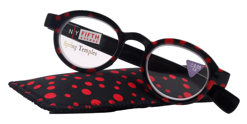 Dotty Chic, Round Reading Glasses for Women (Black) w Red frames with playful polka-dot pattern: +1.25 +3 NY Fifth Avenue