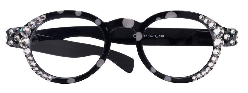 Dotty Chic, Bling Round Reading Glasses for Women Black frames with polka-dot pattern Genuine European Crystals +1.25 +3 NY Fifth Avenue