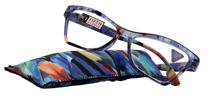 Avian, (Premium) Reading Glasses, High-End Reader +1.25 to +3 Magnifying Eyeglass, Cat Eye (Blue n Blue) Feather Pattern. NY Fifth Avenue