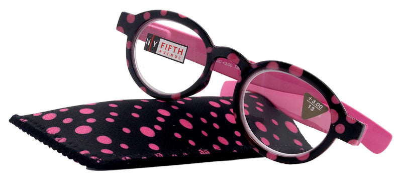 Dotty Chic, Round Reading Glasses for Women (Pink) frames with playful polka-dot pattern: +1.25 +3 NY Fifth Avenue