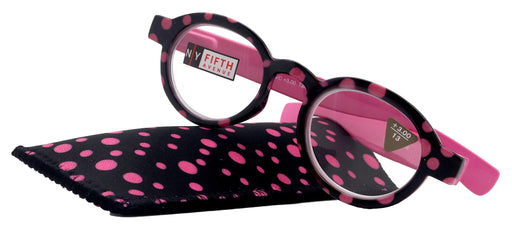 Dotty Chic, Round Reading Glasses for Women (Pink) frames with playful polka-dot pattern: +1.25 +3 NY Fifth Avenue