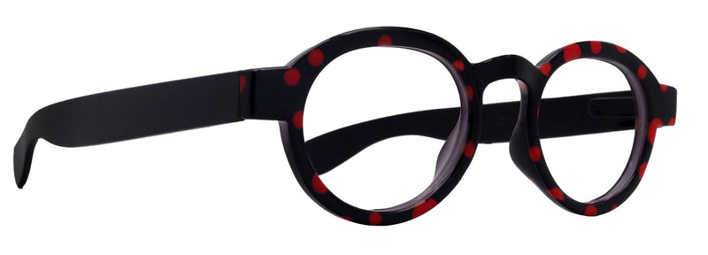 Dotty Chic, Round Reading Glasses for Women (Black) w Red frames with playful polka-dot pattern: +1.25 +3 NY Fifth Avenue