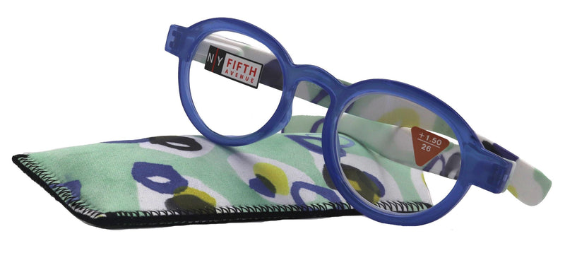 Carnival, Round Reading Glasses for Women (Blue) frames with colorful pattern: +1.25 +3 NY Fifth Avenue