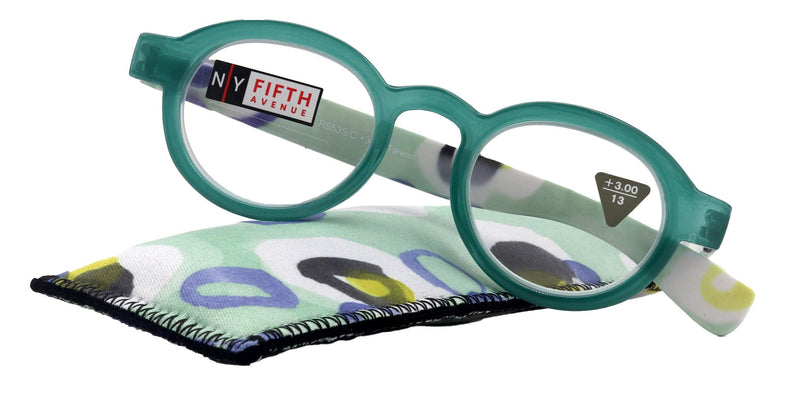 Carnival, Round Reading Glasses for Women (Green) frames with colorful pattern: +1.25 +3 NY Fifth Avenue