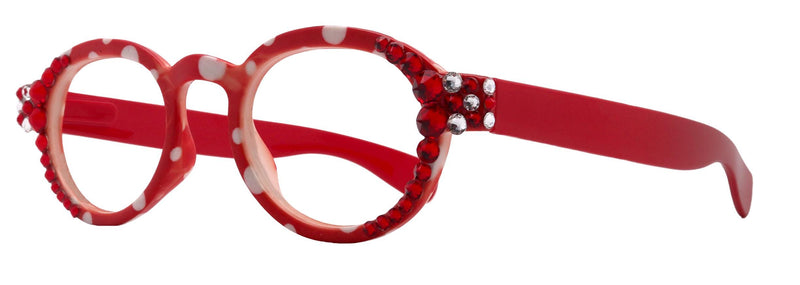 Dotty Chic, Bling Round Reading Glasses for Women Red frames with polka-dot pattern Genuine European Crystals +1.25 +3 NY Fifth Avenue