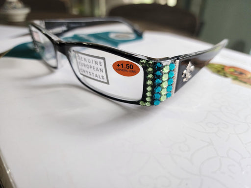The French, (Bling) (Fleur De Lis) Women Reading Glasses W (Peridot n Blue Zircon) Genuine European Crystals (Black) Frame NY Fifth Avenue