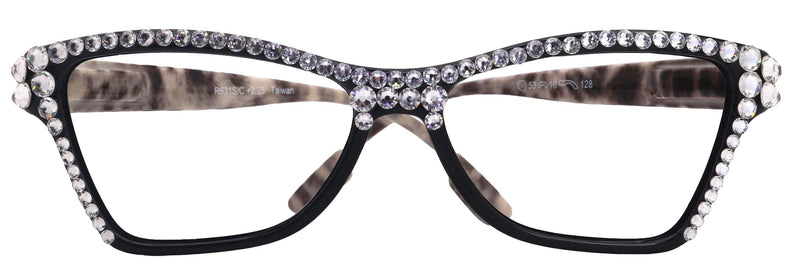 Avian, (Bling) Women Reading Glasses w (Full TOP) (Clear) Genuine European Crystals, Cat Eye (Black w Leopard ) NY Fifth Avenue.
