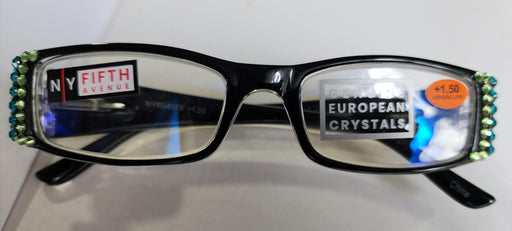 The French, (Bling) (Fleur De Lis) Women Reading Glasses W (Peridot n Blue Zircon) Genuine European Crystals (Black) Frame NY Fifth Avenue