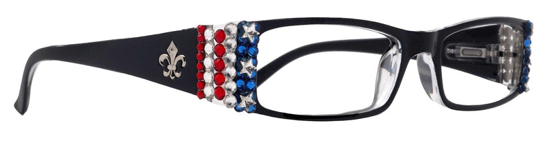 The French, (Bling) (Fleur De Lis) Women Reading Glasses W Patriotic Red, White n Blue USA Flag NY Fifth Avenue