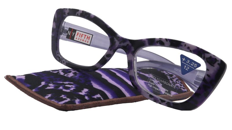 Mystika, (Premium) Reading Glasses, High End Readers +1.25..+3 Magnifying Glasses (Black N Purple) Stripes Cat Eye, NY Fifth Avenue