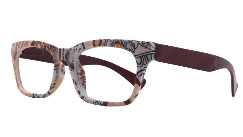 Jigsy, (Premium) Reading Glasses, High End Fashion Reader,+1.25 to +3 Magnifiers, (Brown) Flower Print, Square Frame. NY Fifth Avenue