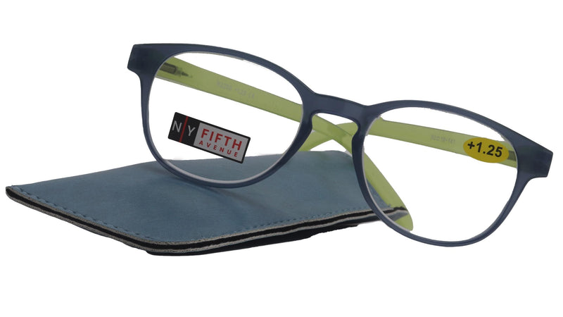 Premium Reading Glasses High End Readers +1.25..+3 Magnifying Glasses, Round Frame. (Transparent Blue, Green) NY Fifth Avenue.