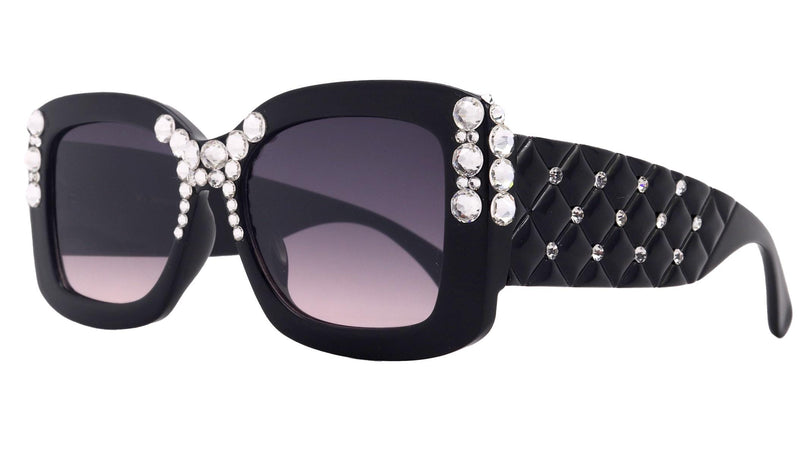 Vivienne, Bling Women's Sunglasses are handmade with Clear Genuine European Crystals, Black Square.100% UV Protection. NY Fifth Avenue
