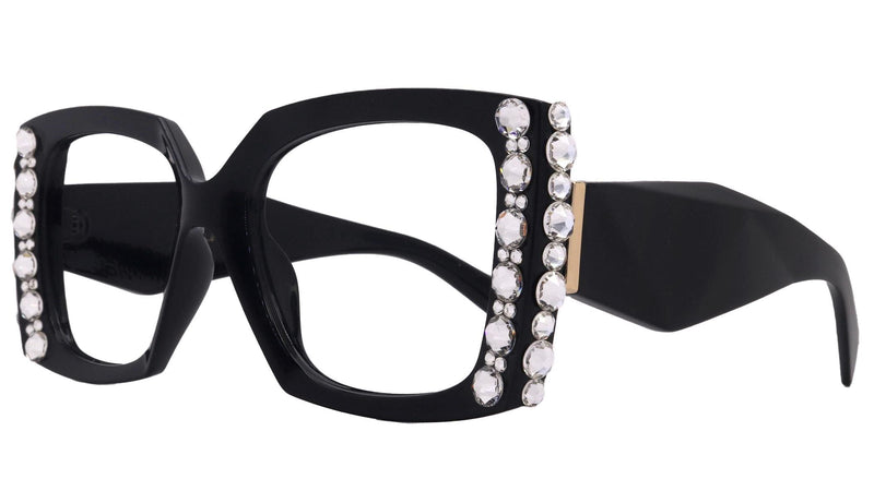 Penelope, Bling Reading Glasses for Women, Handmade with Clear Genuine European Crystals, Black, Square. NY Fifth Avenue”