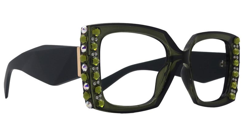 Penelope, Bling Reading Glasses for Women, Handmade with Olivine n AB Genuine European Crystals, Green, Square. NY Fifth Avenue”