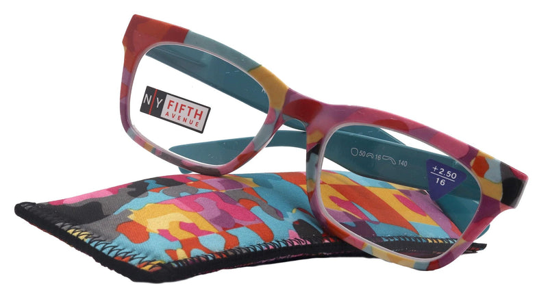 Jigsy, (Premium) Reading Glasses, High End Fashion Reader,+1.25 to +3 Magnifiers, (Blue, Multy) Stripes Square Frame. NY Fifth Avenue