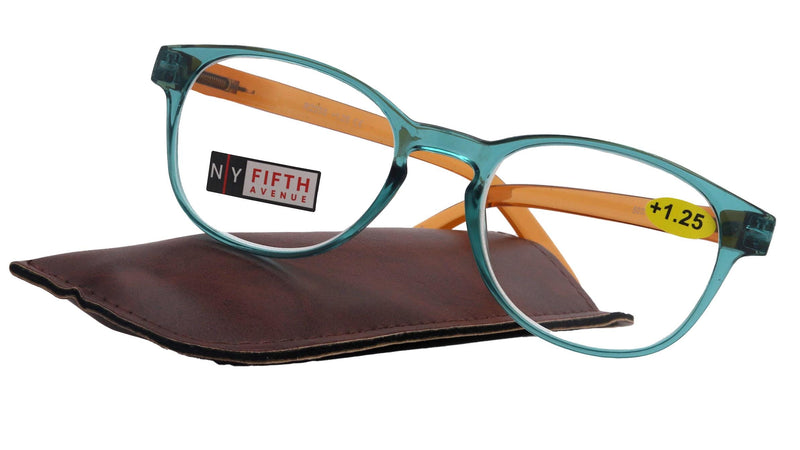 Premium Reading Glasses High End Readers +1.25..+3 Magnifying Glasses, Round Frame. (Transparent Turquoise, Transparent Br) NY Fifth Avenue.