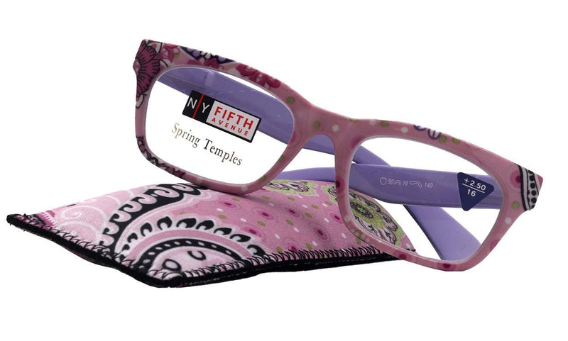 Jigsy, (Premium) Reading Glasses, High End Fashion Reader,+1.25 to +3 Magnifiers, (Purple) Flower Print, Square Frame. NY Fifth Avenue