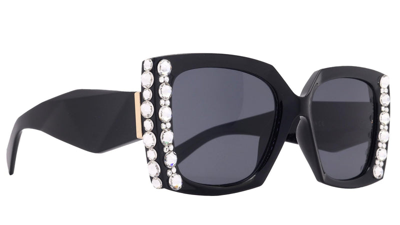 Penelope, Bling Women's Sunglasses, Handmade with Clear Genuine European Crystals, (Black ) Square. 100% UV Protection. NY Fifth Avenue