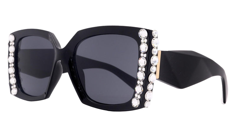 Penelope, Bling Women's Sunglasses, Handmade with Clear Genuine European Crystals, (Black ) Square. 100% UV Protection. NY Fifth Avenue