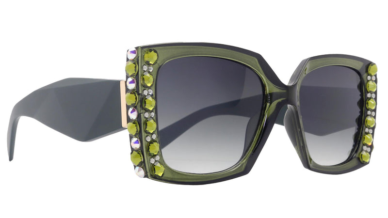 Penelope, Bling Women's Sunglasses Handmade with Olivine w AB Genuine European Crystals, Black Square.100% UV Protection. NY Fifth Avenue