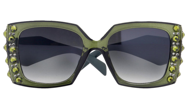 Penelope, Bling Women's Sunglasses Handmade with Olivine w AB Genuine European Crystals, Black Square.100% UV Protection. NY Fifth Avenue