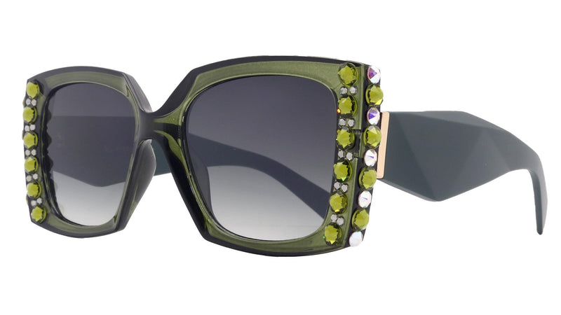Penelope, Bling Women's Sunglasses Handmade with Olivine w AB Genuine European Crystals, Black Square.100% UV Protection. NY Fifth Avenue