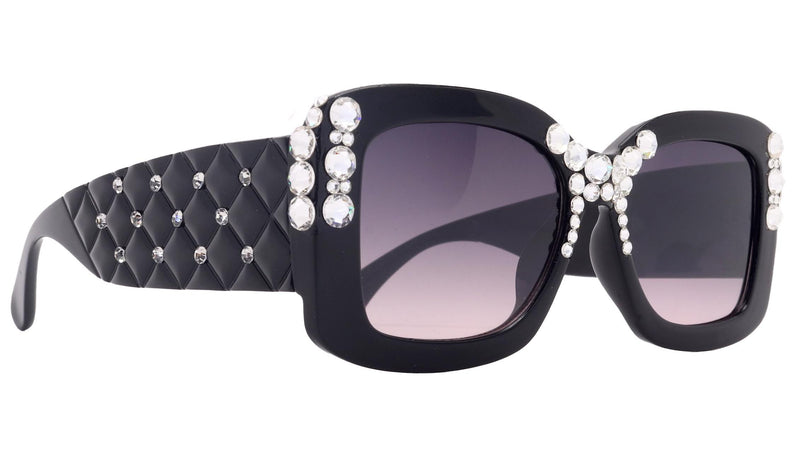 Vivienne, Bling Women's Sunglasses are handmade with Clear Genuine European Crystals, Black Square.100% UV Protection. NY Fifth Avenue